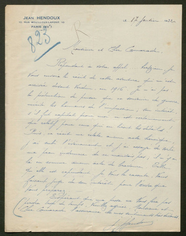 Témoignage de Hendoux, Jean et correspondance avec Jacques Péricard