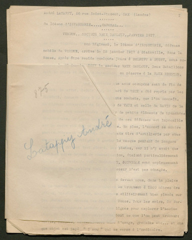 Témoignage de Lattapy, André (Caporal) et correspondance avec Jacques Péricard