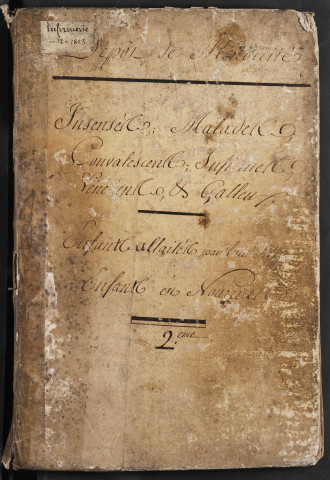 Maison de correction dite Bicêtre à Amiens. Registre d'infirmerie : dépense des journées de fous, folles et épileptiques, et de malades, convalescents, infirmes, vénériens et galeux, enfants allaités par leur mère et en nourrice. vendémiaire an XII (24 septembre-23 octobre 1803) - Mars 1812