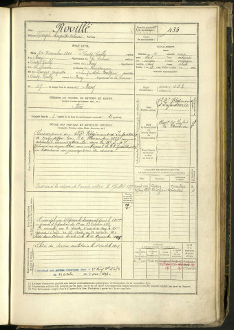 Rovillé, Georges Auguste Octave, né le 30 novembre 1861 à Cerisy-Gailly (Somme, France), classe 1881, matricule n° 435, Bureau de recrutement Péronne