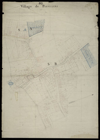Plan du cadastre napoléonien - Parvillers-le-Quesnoy (Parvillers) : parties développées des sections A et B