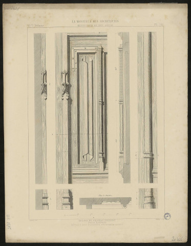 Le Moniteur des Architectes. Menuiserie du XVIe siècle. Eglise de Château-Thierry. Porte latérale. Détails des panneaux intermédiaires