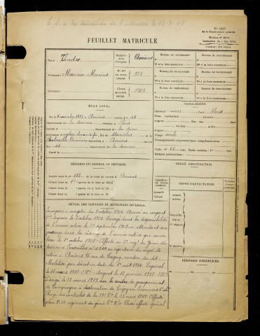 Vindre, Maurice Marius, né le 05 novembre 1885 à Amiens (Somme), classe 1905, matricule n° 925, Bureau de recrutement d'Amiens