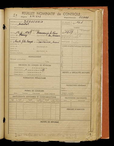 Beauchain, Martial, né le 13 mai 1897 à Beaucamps-le-Vieux (Somme), classe 1917, matricule n° 161, Bureau de recrutement d'Amiens