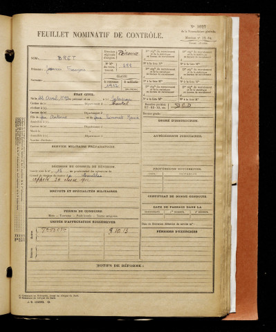 Bret, Joannès François, né le 22 avril 1892 à Jaleyrac (Cantal), classe 1912, matricule n° 688, Bureau de recrutement de Péronne