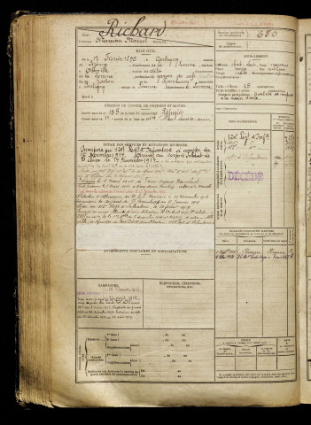 Richard, Marceau Marcel, né le 17 février 1895 à Cartigny (Somme), classe 1915, matricule n° 650, Bureau de recrutement de Péronne