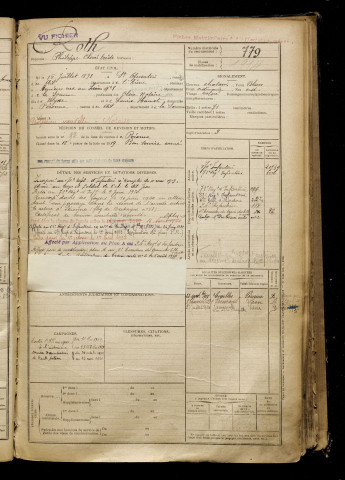 Roth, Philippe Clovis Ovide, né le 16 juillet 1898 à Saint-Quentin (Aisne), classe 1918, matricule n° 779, Bureau de recrutement de Péronne