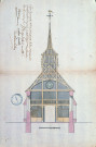 Travaux de réparation d'une église : plan en coupe de la façade et de la charpente du clocher