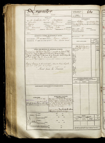 Lemaitre, Marius, né le 10 septembre 1896 à Dompierre-Becquincourt (Somme), classe 1916, matricule n° 680, Bureau de recrutement de Péronne
