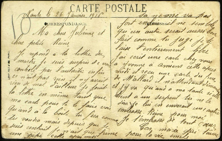Carte postale "Saint-Nazaire - L'écluse de la nouvelle entrée" adressée par Emile Sueur (1886-1948) à Julienne Colard (1887-1974) et sa fille Reine