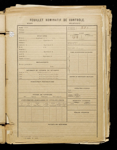 Inconnu, classe 1918, matricule n° 371, Bureau de recrutement de Péronne