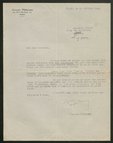 Témoignage de Astate, Joseph et correspondance avec Jacques Péricard