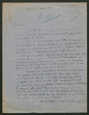 Témoignage de Gault, Marcelle (Vice présidente des Veuves de guerre de la Creuse) et correspondance avec Jacques Péricard