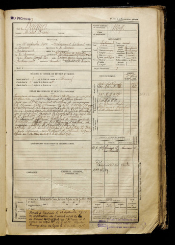 Baquet, Michel Henri, né le 26 septembre 1900 à Berteaucourt-les-Dames (Somme), classe 1920, matricule n° 1107, Bureau de recrutement d'Abbeville