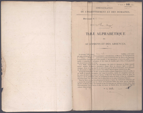 Table des successions et absences du bureau de Villers-Bocage