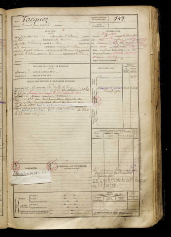 Vacquez, Fernand Jean Baptiste, né le 27 juillet 1889 à Morvillers-Saint-Saturnin (Somme), classe 1909, matricule n° 747, Bureau de recrutement d'Amiens