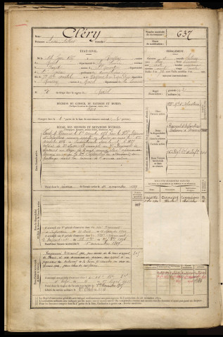 Cléry, Aimé Arthur, né le 14 juin 1865 à Ronssoy (Somme), classe 1885, matricule n° 637, Bureau de recrutement de Péronne
