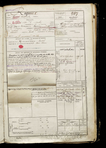 Rigaux, Théophile, né le 20 octobre 1896 à Nurlu (Somme), classe 1916, matricule n° 987, Bureau de recrutement de Péronne