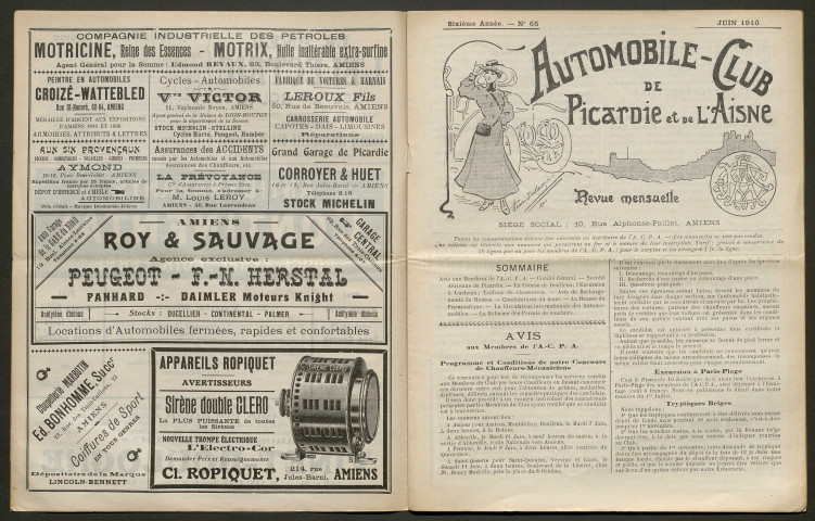 Automobile-club de Picardie et de l'Aisne. Revue mensuelle, 6e année, juin 1910