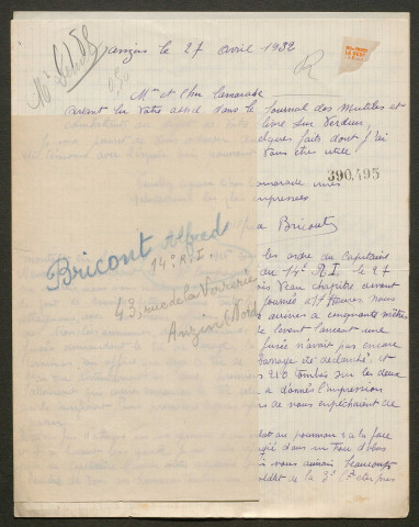 Témoignage de Bricourt, Alfred et correspondance avec Jacques Péricard