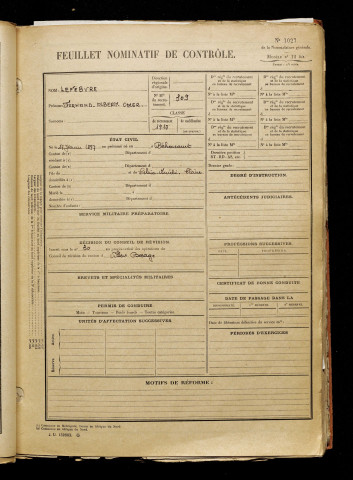 Lefèbvre, Fernand Albert Omer, né le 17 janvier 1897 à Béhencourt (Somme), classe 1917, matricule n° 309, Bureau de recrutement d'Amiens
