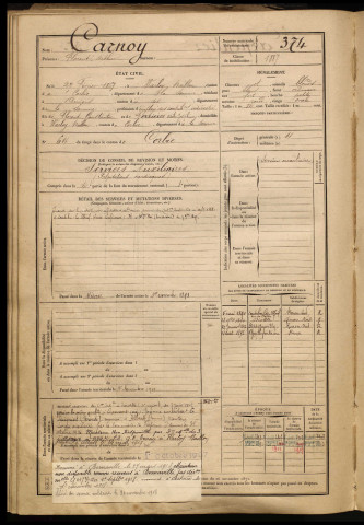 Carnoy, Florent Arthur, né le 27 février 1867 à Warloy-Baillon (Somme), classe 1887, matricule n° 374, Bureau de recrutement d'Amiens