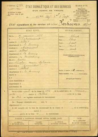 Verhoeven, Alfred, né le 25 janvier 1873 à Miraumont (Somme), classe 1894, matricule n° 854, Bureau de recrutement de Péronne