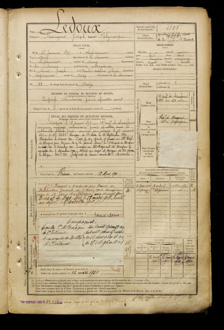 Ledoux, François Joseph Polycarpe, né le 26 janvier 1877 à Ligescourt (Somme), classe 1897, matricule n° 1101, Bureau de recrutement d'Abbeville