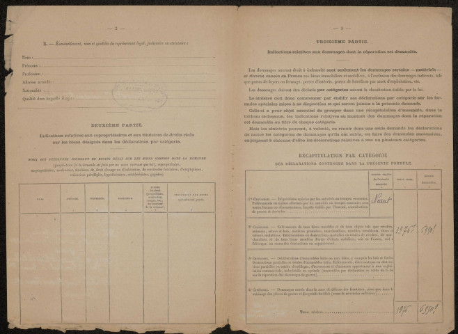 Etricourt-Manancourt. Demande d'indemnisation des dommages de guerre : dossier Fourdrinois-de Sutter