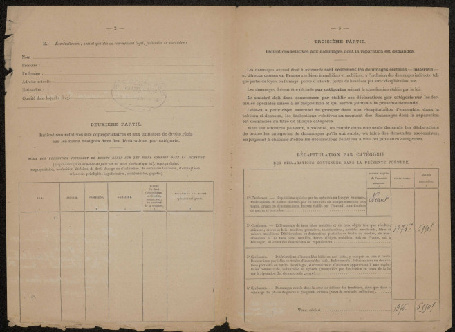 Etricourt-Manancourt. Demande d'indemnisation des dommages de guerre : dossier Fourdrinois-de Sutter