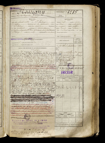 Rossigny, Charles Augustin Bernard, né le 20 août 1889 à Saint-Valery-sur-Somme (Somme), classe 1909, matricule n° 1285, Bureau de recrutement d'Abbeville