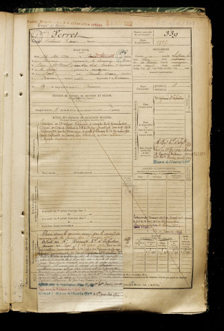 Verret, Richard Xavier, né le 29 mai 1879 à Bouchavesnes-Bergen (Somme), classe 1899, matricule n° 339, Bureau de recrutement de Péronne