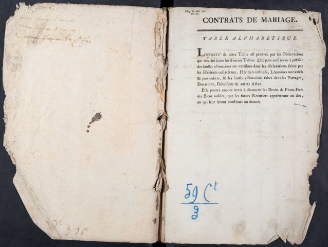 Tables des contrats de mariage du bureau de Corbie pour la période 1784-an 6