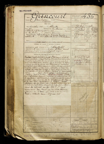Grincourt, René Eugène Marius, né le 12 octobre 1899 à Abbeville (Somme), classe 1919, matricule n° 436, Bureau de recrutement d'Abbeville
