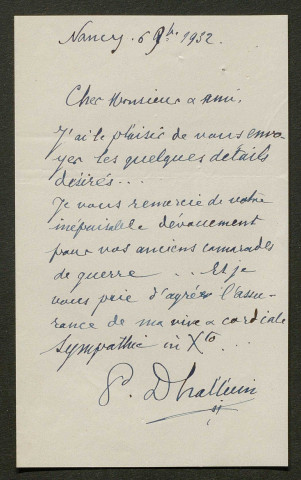 Témoignage de Dhalluin, Pierre Joseph (Abbé) et correspondance avec Jacques Péricard