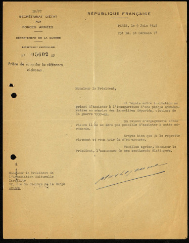 Inauguration de la plaque commémorative de l'ancienne synagogue d'Amiens le 20 juin 1948. Lettres d'excuses de personnalités ne pouvant participer à la cérémonie