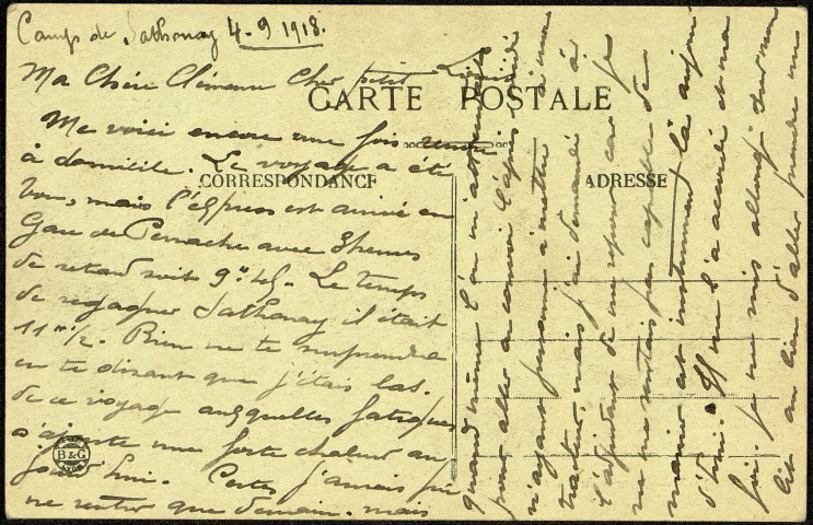 Carte postale intitulée "Lyon. Entrée du Fort Lamothe". Correspondance de Raymond Paillart à sa femme Clémence