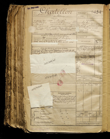 Chatillon, Arthur Albert Onésime, né le 20 juillet 1897 à Pendé (Somme), classe 1917, matricule n° 1484, Bureau de recrutement d'Abbeville