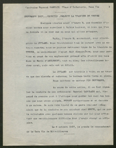 Témoignage de Hamelin, Raymond (Lieutenant) et correspondance avec Jacques Péricard
