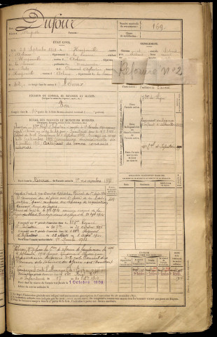 Dufour, Auguste, né le 23 septembre 1869 à Harponville (Somme), classe 1889, matricule n° 169, Bureau de recrutement d'Abbeville