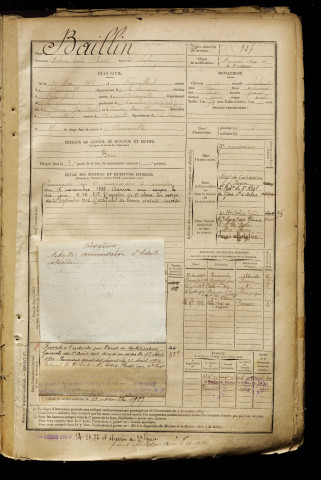 Baillin, Octave Louis Florent, né le 10 mai 1878 à Fienvillers (Somme), classe 1898, matricule n° 137, Bureau de recrutement d'Abbeville