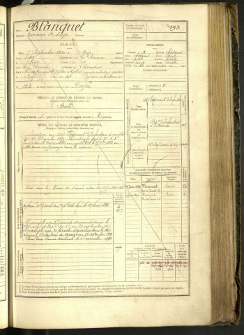 Blanquet, Bienaimé Saint-Ange, né le 07 septembre 1860 à Roye (Somme, France), classe 1880, matricule n° 193, Bureau de recrutement de Péronne