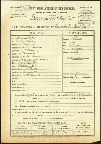 Vauchelle, Paul Joseph Emile, né le 24 mai 1883 à Saint-Ouen (Somme), classe 1903, matricule n° 213, Bureau de recrutement d'Abbeville