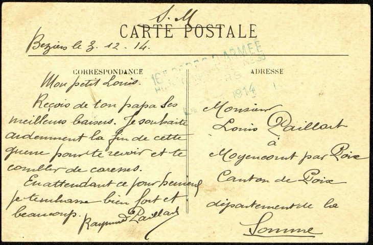 Carte postale intitulée "Béziers. Le nouvel hôpital". Correspondance de Raymond Paillart à son fils Louis