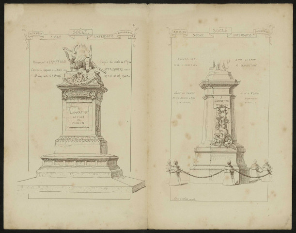 Quatre dessins représentants les socles de statues de Daumesnil, place Daumesnil à Vincennes ; du maréchal Moncey à Paris ; de deux projets de socle Lamartine à Macon