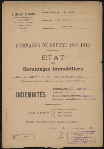 Etricourt-Manancourt. Demande d'indemnisation des dommages de guerre : dossier Bédu-Viltart