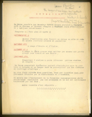 Chaulnes. Demande d'indemnisation des dommages de guerre : dossier Dupuis Octave