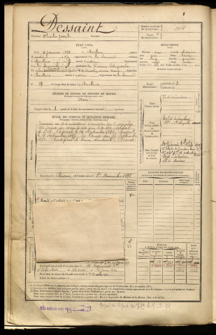 Dessaint, Charles Joseph, né le 06 janvier 1874 à Doullens (Somme), classe 1894, matricule n° 104, Bureau de recrutement d'Abbeville