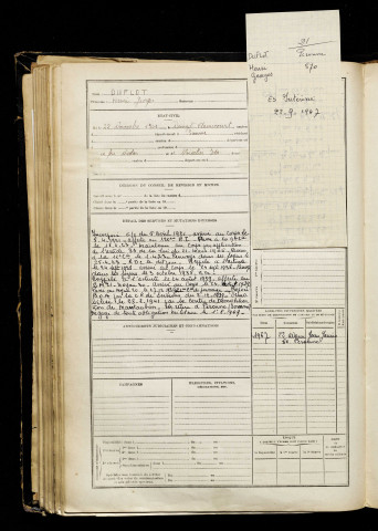 Duflot, Henri Georges, né le 22 novembre 1901 à Doingt (Somme), classe 1921, matricule n° 870, Bureau de recrutement de Péronne