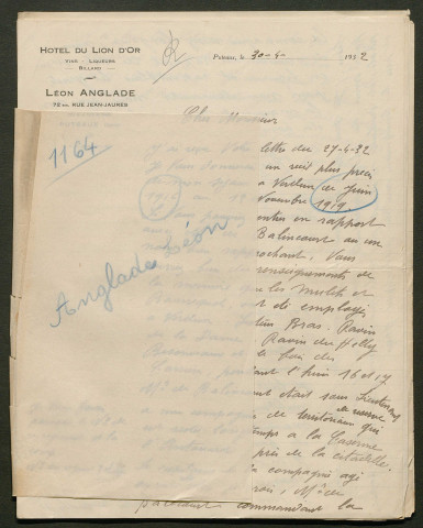 Témoignage de Anglade, Léon et correspondance avec Jacques Péricard